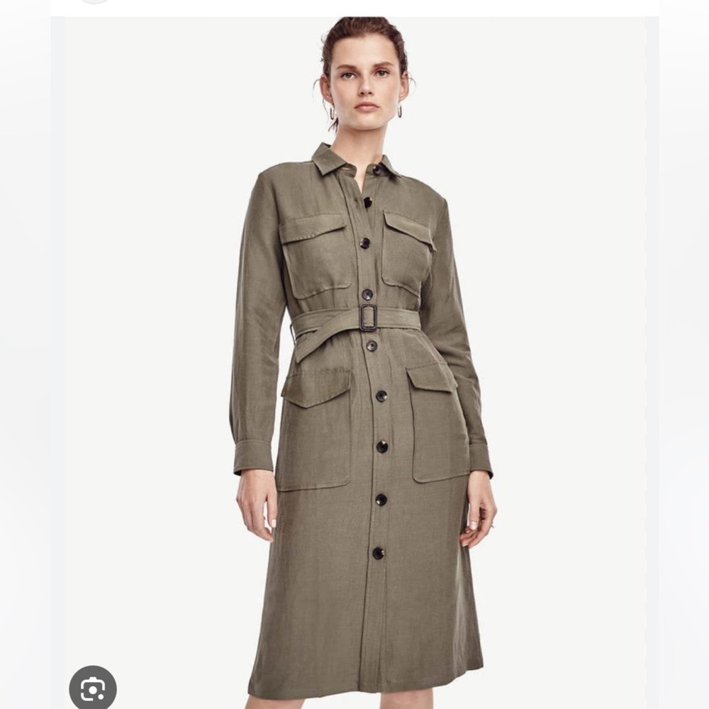🦁 ANN TAYLOR Olive Green Safari Button Down Trench Dress.